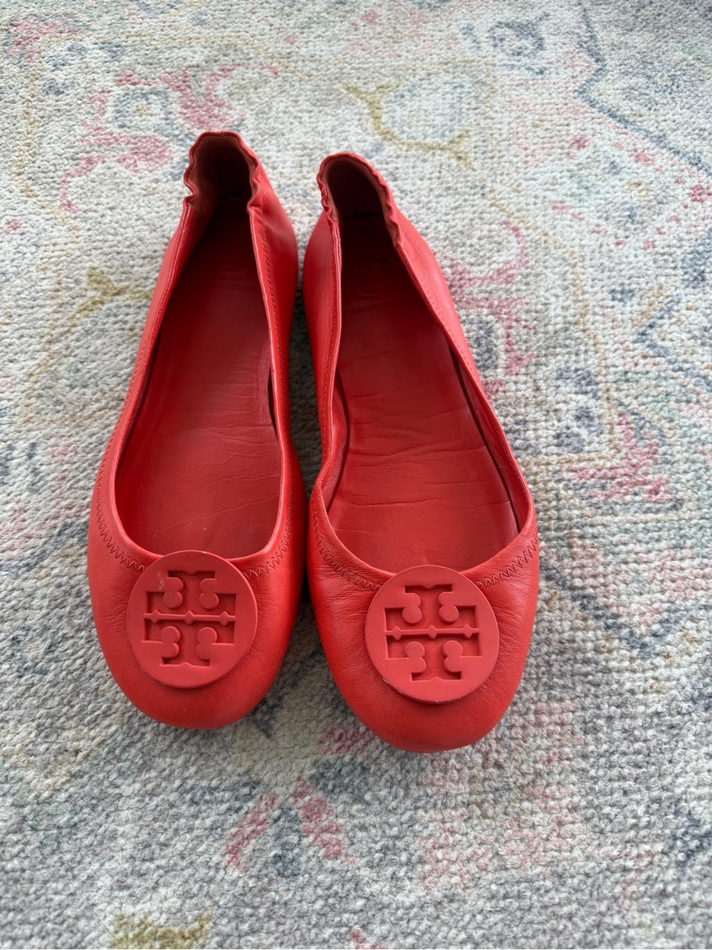 Tory Burch Redish Orange Leather Logo Ballet Flats